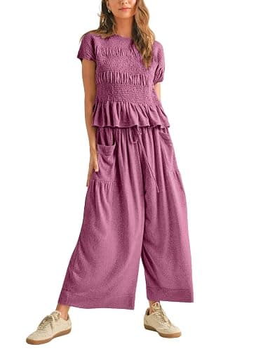 Antnation Womens 2 Piece Smocked  Top Wide-Leg Pants Set High-Waisted Lounge Outfit with Pockets Casual Boho Matching Set thumbnail 3