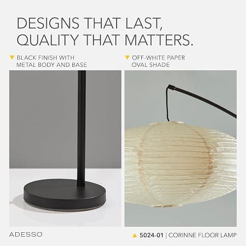 Adesso Floor Lamp, Black & Off-White Paper, Overhead Light, 80” | Corinne 100W Arc Floor Lamp with Oval Shade and Rotary Switch for Living Room, Nursery, Bedroom, or Office Lighting thumbnail 4