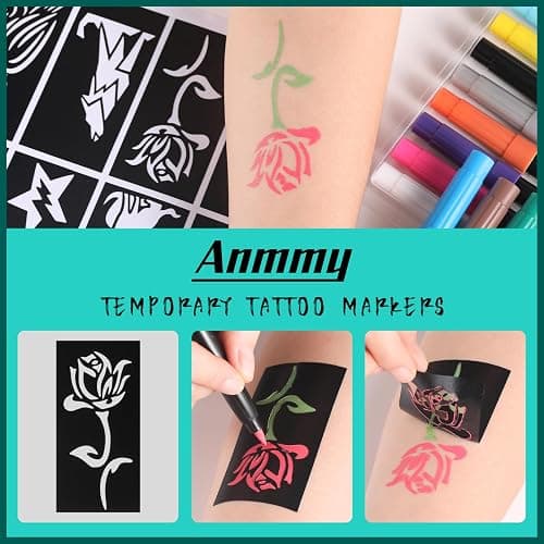 Anmmy Temporary Tattoo Markers for Skin, 16-Count Body Markers+77 Large Tattoo Stencils of Assorted Colors for kids and Adults, Flexible Brush Tip, Bright colors, Skin-Safe*, Cosmetic-Grade. thumbnail 2