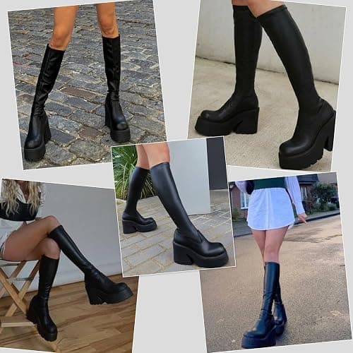 AMINUGAL Womens Elastic Knee High Platform Chunky Block High Heel Sock Boots Zipper Round Toe Fashion Motorcycle Combat Punk Boots For Women thumbnail 6