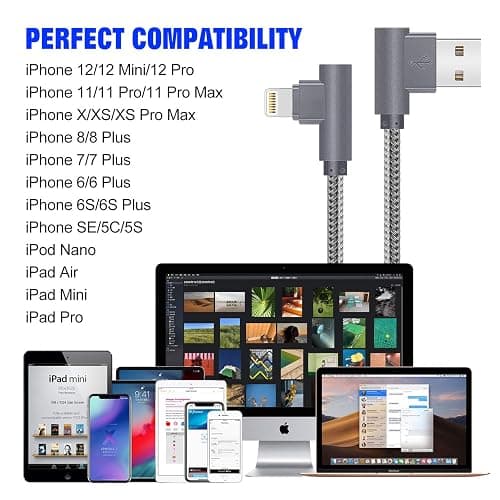 APFEN MFi Certified Lightning iPhone Charger Cord 90 Degree Fast Data Cable Nylon Braided Compatible with iPhone Xs Max/XS/XR/7/7Plus/X/8/8Plus/6S/6S Plus/SE (Gray, 10FT) thumbnail 6
