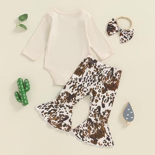 Chloefairy Western Baby Girl Fall Clothes Holy Cow I'm Cute Romper Bell Bottoms Flare Pants Set 3Pcs Infant Cowgirl Outfit thumbnail 3