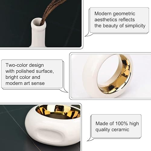 White and Gold Vase Ceramic White Vases Home Decor,Modern Minimalist Circle with Hole Decorative Vase, Hollow Ellipse Flower vases for Bookshelf, Fireplace Mantle, Centerpieces,Farmhouse,Rustic Décor thumbnail 4