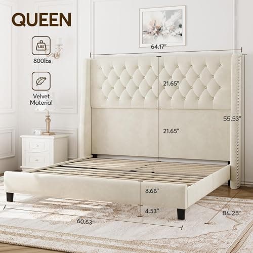SEREINEY Queen Bed Frame with 55" Tall Headboard, Upholstered Bed Frames, Soft Fabric, Button Tufted Headboard with Windback, Platform Bed, Noise-Free, No Box Spring Needed, Beige thumbnail 2