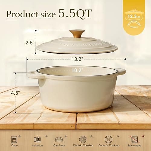 Overmont Cocotte en Fonte Émaillée - Ø26 cm Casserole Antiadhésive Avec Couvercle et Maniques en Coton - Batterie de Cuisine Robuste pour Braiser Ragoûts Rôtir Pain - Blanc crème thumbnail 3