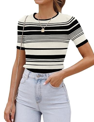 ZESICA Women's Short Sleeve Crewneck Striped T Shirt 2025 Summer Ribbed Knit Slim Fit Casual Basic Tee Tops - Image 1