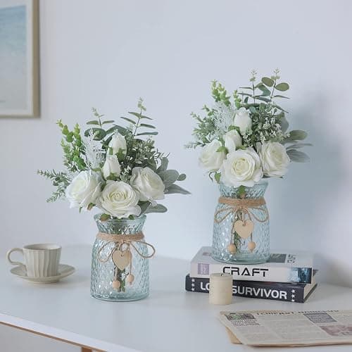 Faux Flowers with Vase,Artificial Silk Roses in Vase, Fake Plant Eucalyptus Flower Arrangement for Home Office Farmhouse Bathroom Dining Table Centerpiece Decorations Coffee Table Decor (White) thumbnail 6