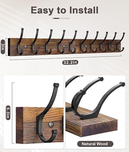 Optish 2 Pack Wooden Coat Rack Wall Mount, 16.1" Rustic Coat Hanger Hooks with 10 Double Hooks, Wall Coat Rack for Hat, Clothes, Bags, Jacket, Brown thumbnail 3