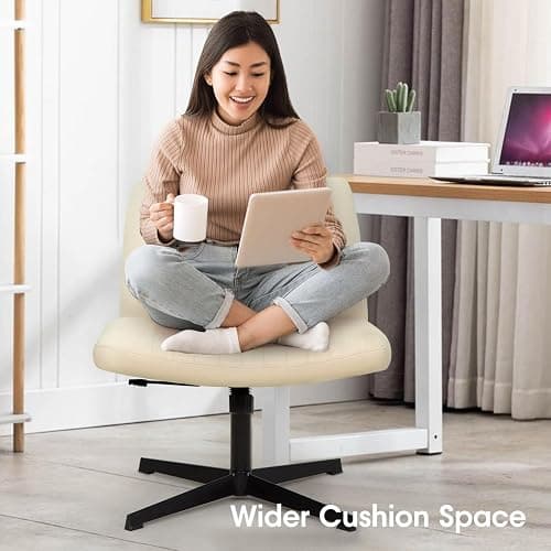 PayLessHere Criss Cross Chair,Armless Cross Legged Office Chair,Wide Comfty Desk Chair with No Wheels Modern Height Adjustable,Swivel Fabric Vanity Chair Computer Task Chair (Pack of 1, Beige) thumbnail 2