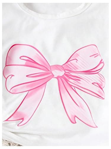 BEAUDRM Girl's 2 Piece Bow Print Outfits Cute Short Sleeve Crewneck T Shirts and Denim Pants Summer Clothing Sets - 12Y - White and Blue thumbnail 4