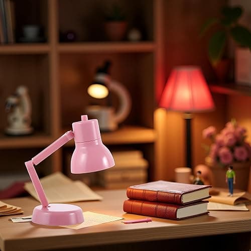 Miniature LED Desk Lamp for Dollhouse, Simulation Furniture Accessory with Light (Pink) thumbnail 5
