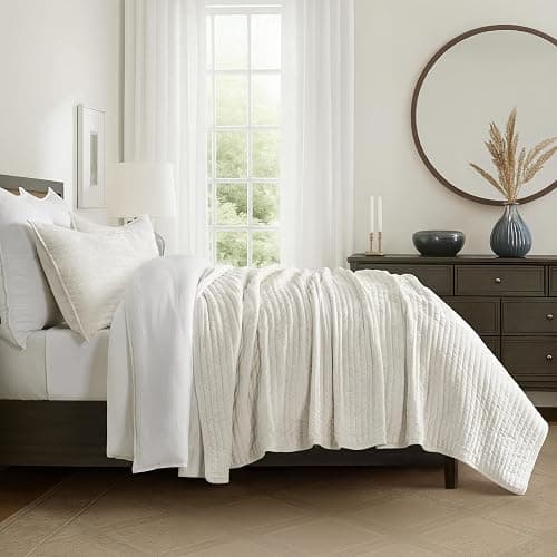 EVERGRACE Velvet Quilt Set King Size, Luxurious Soft Striped Channel Bedding Set, Lightweight Velvet Comforter for All Season, Oversized Bedspread Coverlet with 2 Matching Shams, Ivory White thumbnail 5