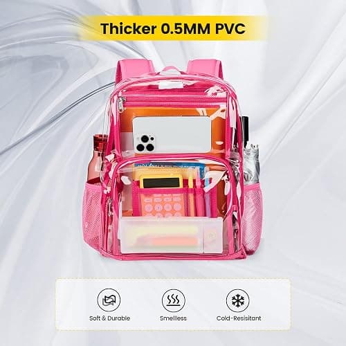 Vorspack Clear Backpack Heavy Duty - Large Transparent Bookbag for Adults, See Through Backpack for College, Work, Travel - Pink thumbnail 6