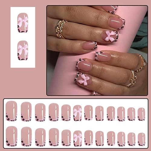 Gentle Claws Press On Nails - Pink Leopard Print | Pink French Tip Press On Nails with Leopard Print Tip | Short Coffin Nails with Design, 24 Pcs Reusable Fake Nails thumbnail 2