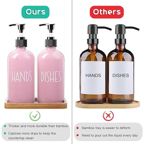 ALELION Dish Soap Dispenser for Kitchen - 16 OZ Glass Hand Soap Dispenser Set with Acacia Wood Tray - Pink Kitchen Bathroom Decor and Accessories thumbnail 6