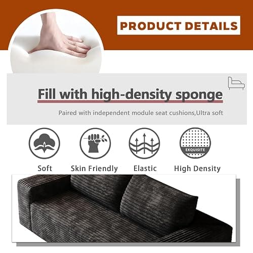 63" Cloud Loveseat Sofa, Boneless Deep Seat Corduroy 2-Seater(Black) | No assembly required; foam-filled floor design; space-efficient footprint for living rooms, apartments, bedrooms, and studios thumbnail 5