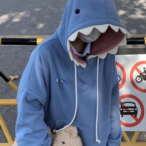 YEMOCILE Women Cute Shark Hoodie Long Sleeve Blue Kawaii Animal Shark Shape Hooded Pullover Sweatshirts thumbnail 4
