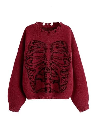 SHENHE Women's Oversized Skeleton Pattern Ripped Round Neck Sweater Pullover - Image 1
