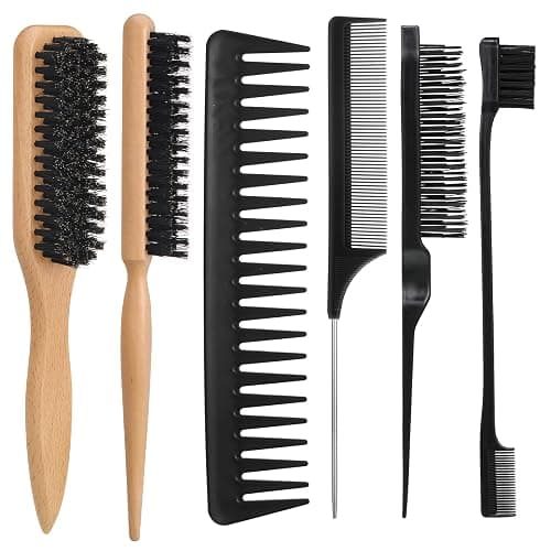 6PCS Boar Bristle Slick Back Hair Brush with Edge Brush Rat Tail Comb, Wide Tooth Comb for Men Women - Image 1