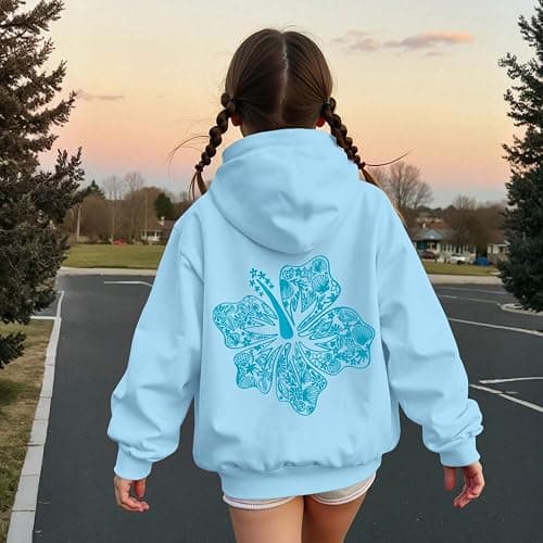 Lubpow Cute Pink Hoodie Kids Girls Aesthetic Preppy Hibiscus Flower Puff Hoodies Kawaii Hawaii Palm Beach Graphic Pullover thumbnail 4
