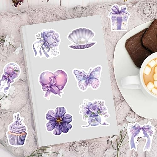 60PCS Purple Aesthetic Stickers, Cute Girly Violet Stickers | Waterproof Decors for Water Bottles,Laptop, Scrapbook, Journaling, Cute Decals for Gilrs Adults Teens thumbnail 2