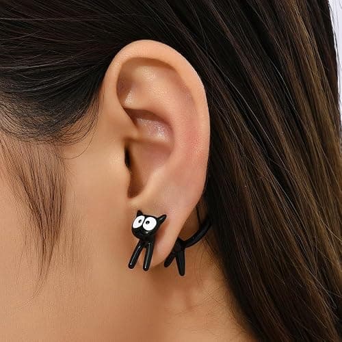Cute Cats Unique Earrings Front Back Stud Earrings for Women.Black Cat Screw on Back Earrings for Women Animal Jewerly Gift Earring (A) thumbnail 4