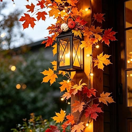 Bdor Fall Lanterns LED Candles 2 Pack 12 Inch Thanksgiving Decor Timer | Removable pumpkin and maple leaf accents, battery operated, tempered glass panels, autumn harvest and Thanksgiving decor thumbnail 9