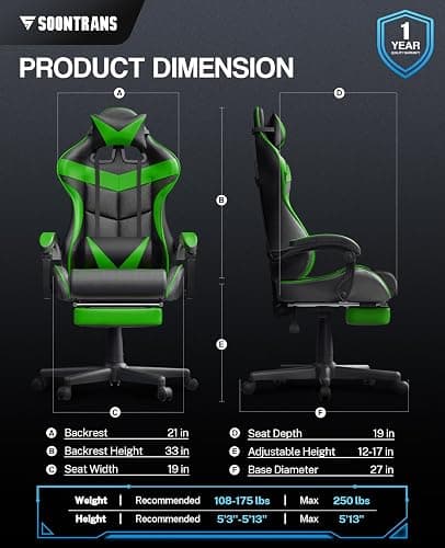 Soontrans Green Gaming Chair with Footrest,Racing Gaming Chair,Computer Gamer Chair,Ergonomic Game Chair with Adjustable Headrest and Lumbar Support(Jungle Green) thumbnail 7