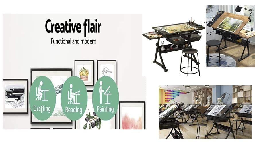 Landpink Glass Drafting Table Art Desk – Adjustable Professhional Artwork Drawing Drafting Table Desk, Glass-Topped Art Table for Craft Station Studio Home Office School w/Drawers (Black) thumbnail 4