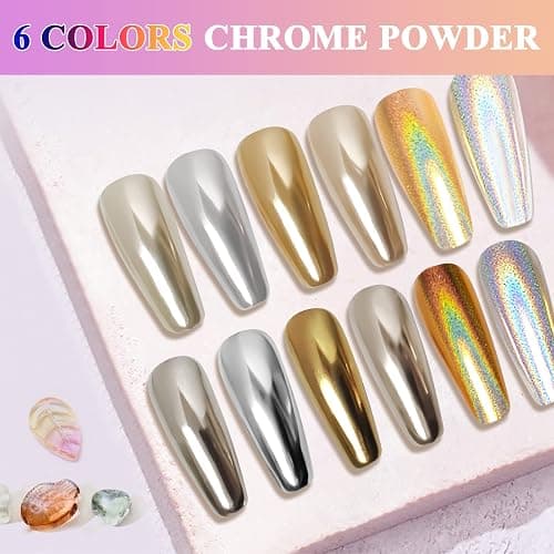 Gold Silver Chrome Nail Powder, 6 Colors Holographic Unicorn Iridescent Nail Chrome Powder, Metallic Mirror Effect Light Gold Champagne Chrome Powder Palette Pigment Glitter for Nail Art thumbnail 4