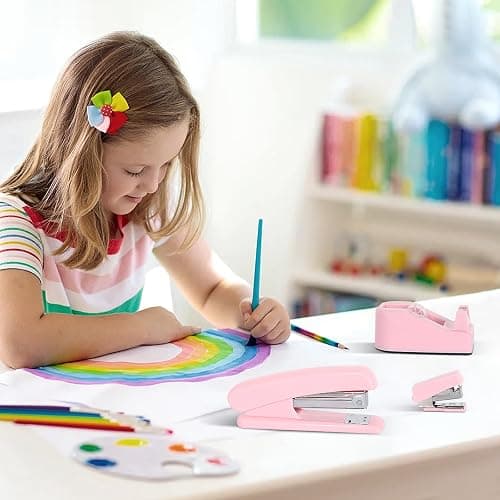 Office Desk Accessories, Pink Office Supplies Set Desk Accessories for Women, Cute Office Supplies with Stapler, Mini Stapler, Staple Remover, Tape, Clips, Scissor and Tabs, Stationary Set for Student thumbnail 8