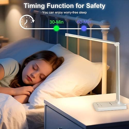 White crown LED Desk Lamp Dimmable Table Lamp Reading Lamp with USB Charging Port, 5 Lighting Modes, Sensitive Control, 30/60 Minutes Timer (White, First-Generation) thumbnail 8