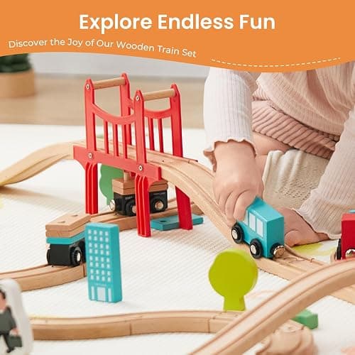 Tiny Land Wooden Train Set for Toddler - 39 Pcs- with Wooden Tracks Compatible with Major Brands - Expandable, Changeable-Train Toy for 3 4 5 Years Old Girls & Boys thumbnail 3