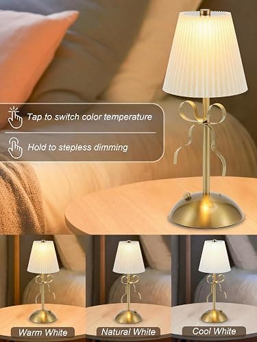 CryzhalinX Cordless Table Lamp,Small Desk Lamp with 3 Color,Touch Dimmable Bedsdie Lamps,Bow Lamp with Fabric Shade,LED Night Light for Girls Room Princess Room Decor(Gold) thumbnail 2