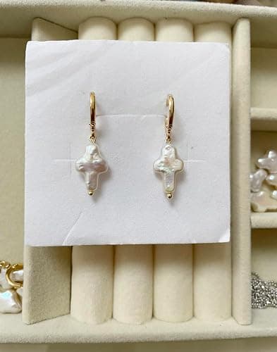Iutymu Nature Freshwater Pearl Cross Earrings Elegant Christian Pearl Jewelry, Beachy Pearl Jewelry, Cross Pearl Earrings, Baroque Pearl Earrings thumbnail 7