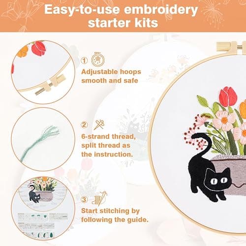 RidaaFri Embroidery Kit for Beginners, Set of 3 Stamped DIY Kits with Cat, Floral, Plant Patterns for Adults, Includes Hoop, Needles, Floss, Step-by-Step Video Tutorial, Complete Sewing Craft Supplies thumbnail 5