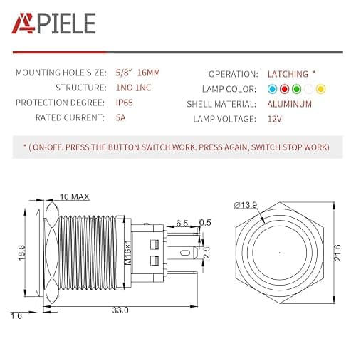 APIELE 16mm Latching Push Button Switch 12V DC On Off Black Shell with LED Angel Eye Head for 0.63" Mounting Hole with Wire Socket Plug Self-Locking (White/Black Shell) - Black Shell-White thumbnail 2