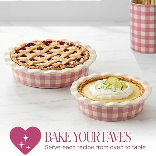 Paris Hilton Ceramic Pie Dish Set, 7-Inch and 9-Inch Stoneware Baking Dishes with Fluted Rim and Gingham Design, Oven Safe up to 450°F, 2-Piece, Pink thumbnail 7