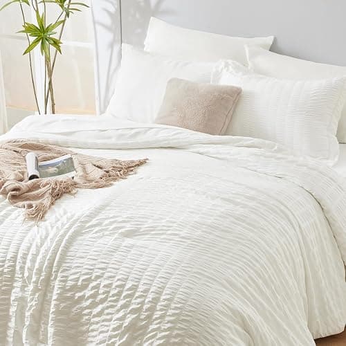CozyLux Full Size Comforter Sets with Sheets Seersucker 7 Pieces Ivory Bed in a Bag Textured Luxury Soft Bedding Set with Down Alternative Comforter, Sheets, Pillowcases & Shams for All Seasons thumbnail 7