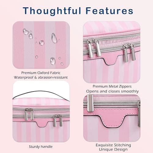 Lestikave Cute Pink & White Large Capacity Stripe Makeup Case with Compartments,Nylon Travel Essentials Coquette Cosmetic Bag, Toiletry Brush Bag With Handle and Divider for Women Girls (02Top Open) thumbnail 5