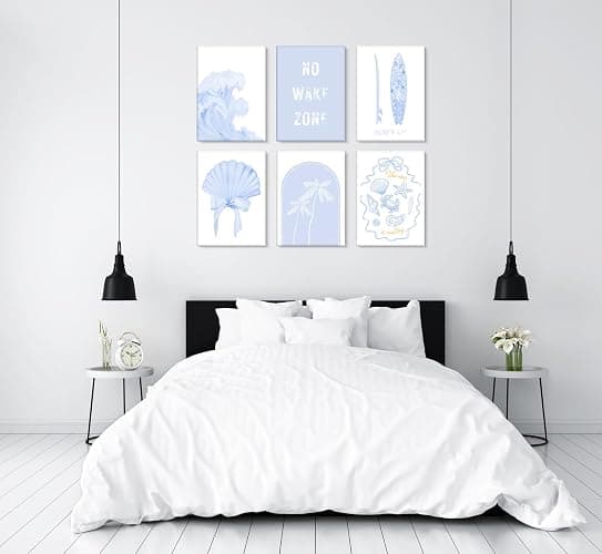 6pcs Blue Coastal Beach Wall Art Coastal Granddaughter Bow Shells Aesthetic Painting Picture Wall Decor No Wake Zone Preppy Poster Print Artwork for Living Room Bedroom Bathroom Dorm Home Decoration thumbnail 6