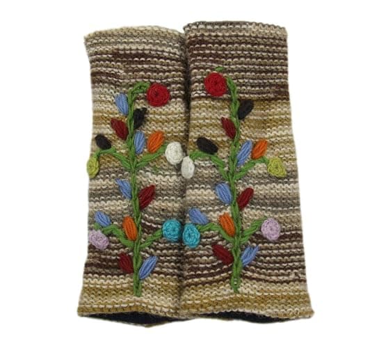 Hand Knit 100% Wool Fleece Lined Hand Warmer/Glove (BROWN/BEIGE/MULTI) - Image 1