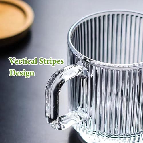 Mfacoy 2 PACK Glass Coffee Mugs with Handle & Spoon, 12 OZ Glass Coffee Cups with Bamboo Lid, Ribbed Glass Cups, Clear Tea Cup for Hot/Cold Beverages, Glassware Set for Americano, Latte, Cappuccino thumbnail 4