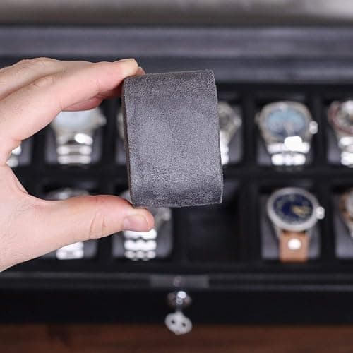 ROTHWELL 12 Slot Leather Watch Box for Men - Luxury Case Display Jewelry Organizer with Microsuede Liner - Travel Jewelry Case for Mens Accessories, Travel Organizer (Black & Grey) thumbnail 7