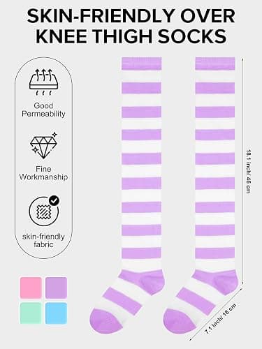 Aneco 4 Pairs Over Knee High Stripe Socks Halloween Cosplay Accessories Thigh High Socks for Adult Woman Girls thumbnail 5