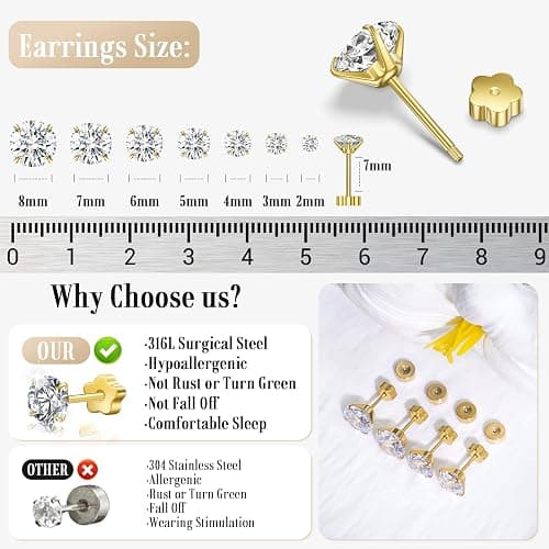 7 Pairs 18G 20G Flat Back Stud Earrings, Hypoallergenic Surgical Steel Set | 14K Gold Plated with Bonus Plum Blossom Screw Backs, CZ Sizes 2-8mm for Multiple Piercings, Sensitive Ears & Daily Wear thumbnail 7