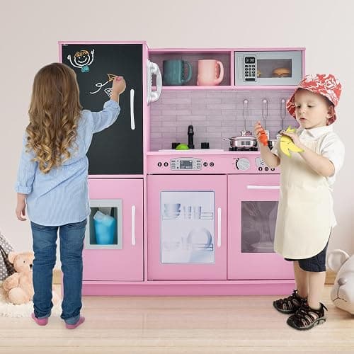 HONEY JOY Pink Kids Kitchen Playset, Wooden Little Chef Pretend Toy Kitchen Set w/Chalkboard, Telephone, Utensils, Oven, Microwave, Sink, Play Kitchen for Toddlers, Gift for Boys Girls, Pink thumbnail 2