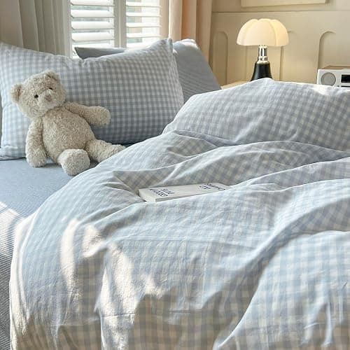 mixinni Gingham Comforter Set Twin XL Size - 3 Piece Light Blue Plaid Farmhouse Bedding, Soft Washed Cotton All-Season Comforter & Pillow Shams, Grid Pattern Classic Style for Boys Girls thumbnail 4