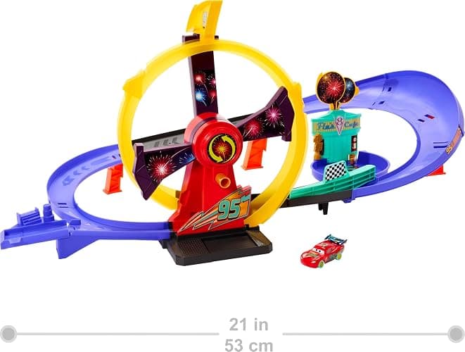 ​Mattel Disney and Pixar Cars Race to Celebrate Celebration Raceway | Toy Track Set with Light-Up Lightning McQueen, Loop & Wind-Up Kicker thumbnail 3