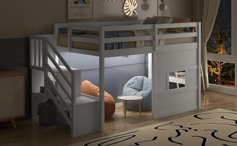 Twin Size Loft Bed with Storage Staircase and Window, Solid Wood Low Loft Bed Frame with LED Light, Full-Length Guardrails and Slats, Space-Saving Kids Bed, No Box Spring Needed, White Finish thumbnail 7